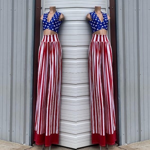 Trouser Style Stilt Pants in Red and White Stripe with Red Sparkly Jewel Cuffs, and Blue and White Star Wrap and Tie Crop Top - 1579173