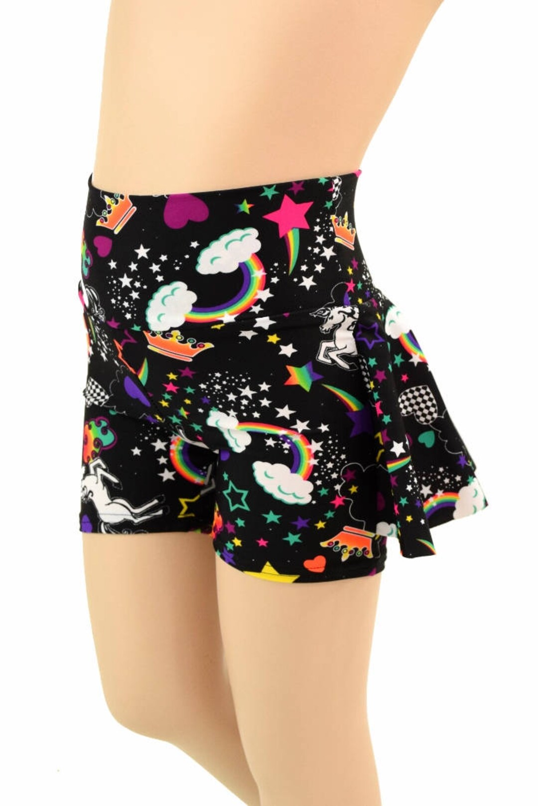 Kids Ruffle Rump Shorts in Neon UV GLOW Unicorns and Rainbows Spandex ...