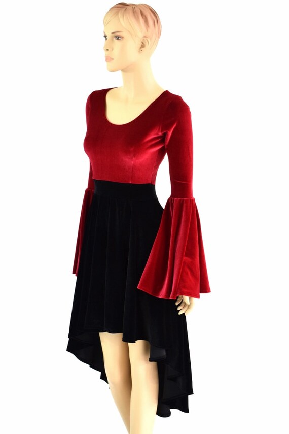 Red & Black Velvet Trumpet Sleeve Hi Lo Hemline Dress With Scoop Neckline -  Etsy