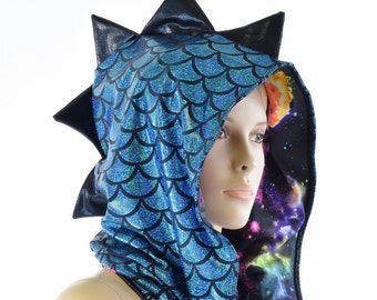 Turquoise Dragon Scale Short Festival Hood with Black Metallic Spikes & UV Glow Galaxy Hood Lining   152140