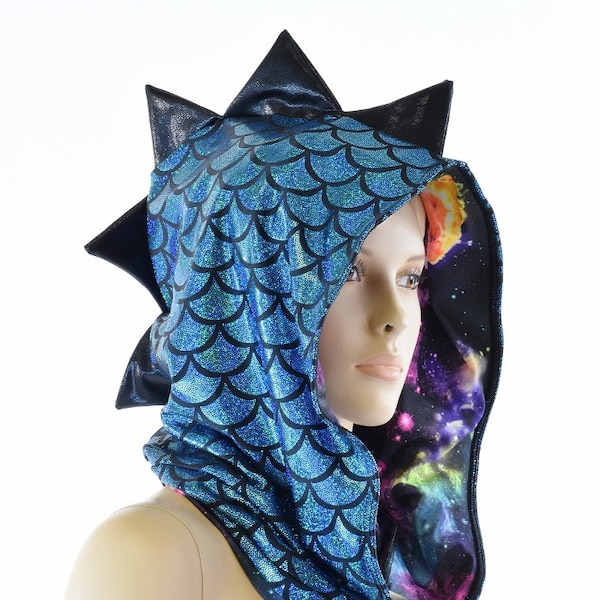 Turquoise Dragon Scale Short Festival Hood with Black Metallic Spikes & UV Glow Galaxy Hood Lining   152140