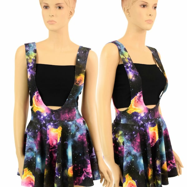 UV GLOW Galaxy Print Suspender Mini Skirt Full Circle Stretchy Space Cosmic Universe - 155198