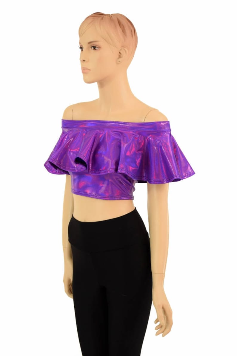 Grape Purple Holographic Off Shoulder Crop Top 155085 image 4