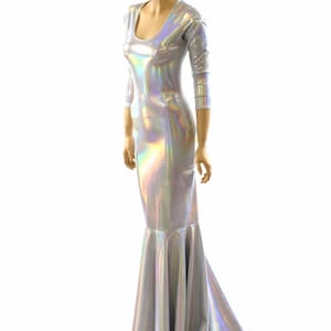 Glamorous, Bombshell Flashbulb Holographic Gown with Scoop Neckline, 3/4 Sleeves and Puddle Train 152025 image 2