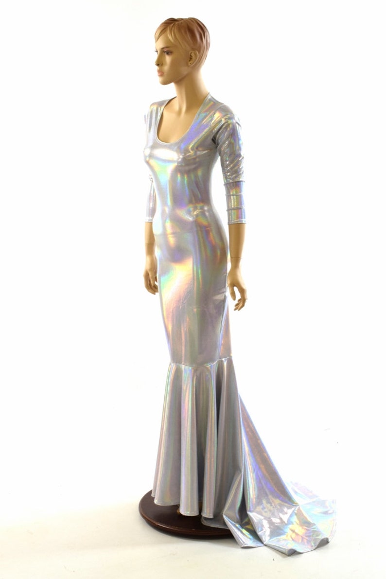 Glamorous, Bombshell Flashbulb Holographic Gown with Scoop Neckline, 3/4 Sleeves and Puddle Train 152025 image 2