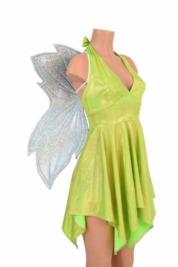 neon green halter dress Holographic Tink Hemline + Frostbite Shattered Glass Wireless Fairy Wings neon green prom dress