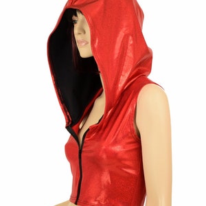 Sleeveless Red Sparkly Jewel Zipper Front Hoodie Crop Top w/Black Zen Hood Lining Rave Festival Clubwear 155846 image 4