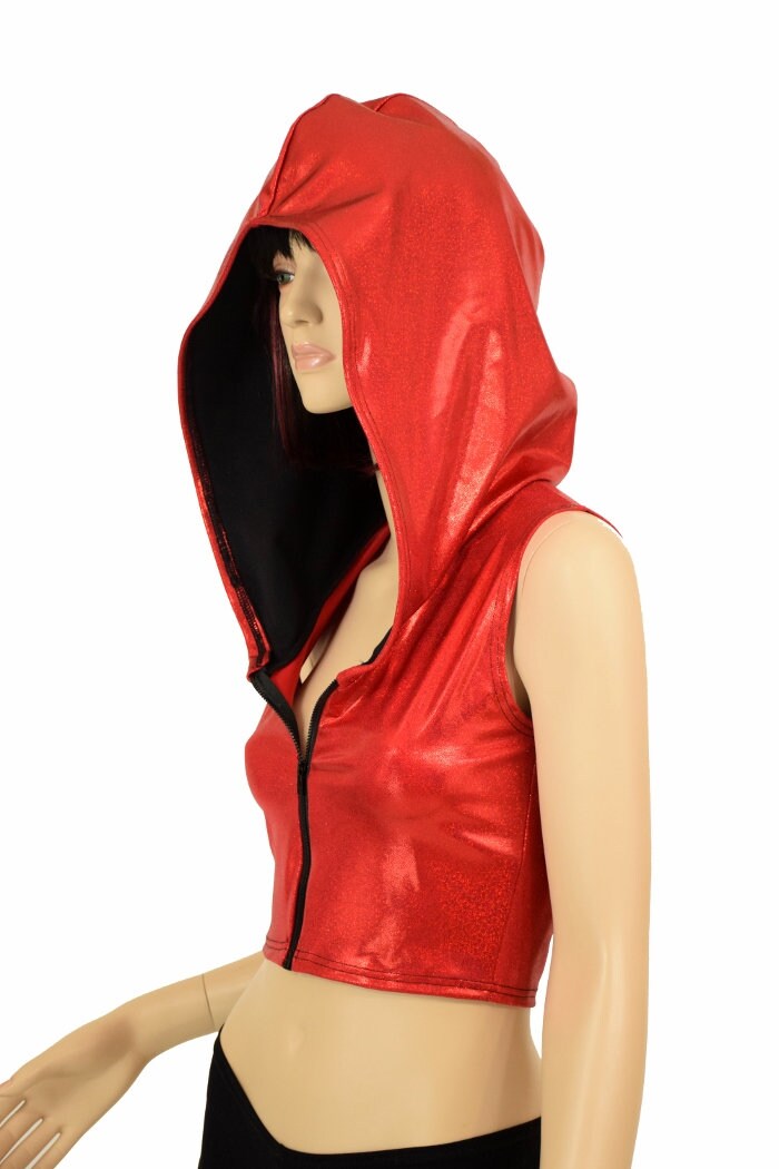 Sleeveless Red Sparkly Jewel Zipper Front Hoodie Crop Top W