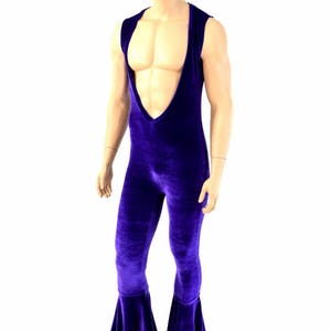 Mens Flava Rava Sleeveless Deep Bro V Neck  Purple Velvet Bell Bottom Flare Catsuit - 154611