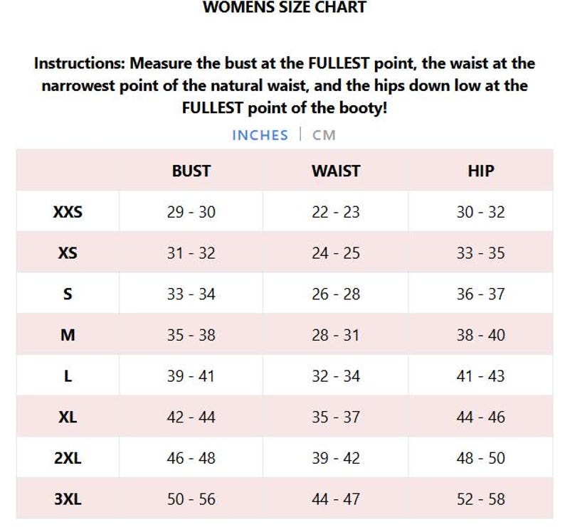 Op de afbeelding: Een maattabel voor vrouwen in inches en centimeters. De tabel toont de borst-, taille- en heupmaten voor maten XXS tot 3XL.