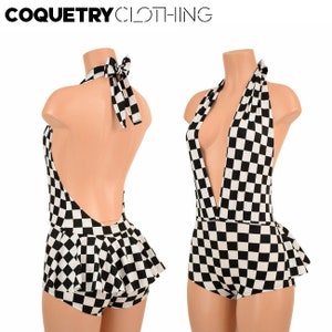 Black & White Checkered Print UV Glow "Josie" Ruffle Rump Romper Backless Plunging Festival Rave Onsie Playsuit - 155445