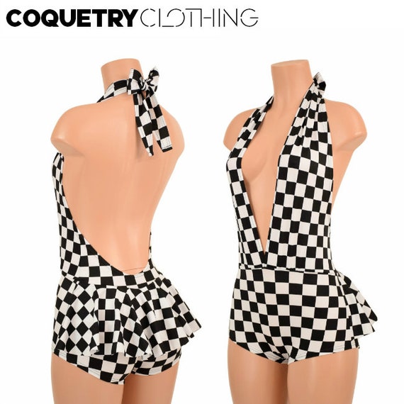 Black & White Checkered Print UV Glow "Josie" Ruffle Rump Romper Backless Plunging Festival Rave Onsie Playsuit -