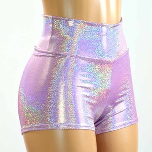 High Waist Shorts in Lilac Holographic Spandex