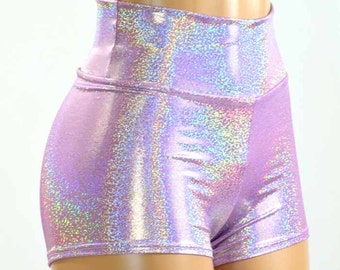 High Waist Shorts in Lilac Holographic Spandex 150951