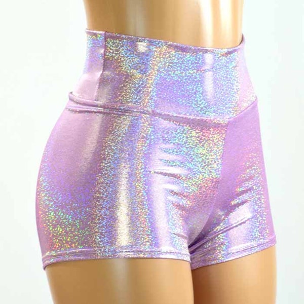 High Waist Shorts in Lilac Holographic Spandex 150951