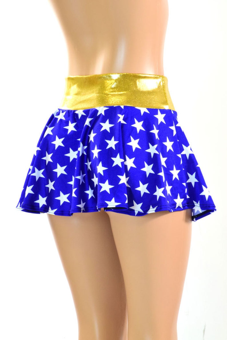 Blue & White Star Print Circle Cut Super Hero Mini Skirt with Gold Waist Band 150900 image 4