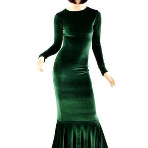 Bewitching Long, Forest Green Velvet Gown with Crew Neckline, Long Sleeves and Puddle Train 154345 image 5