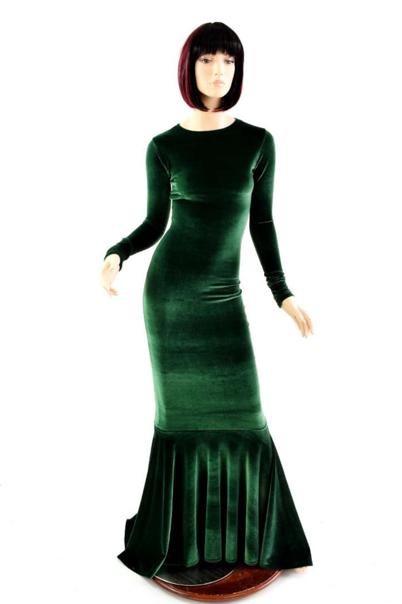 Bewitching Long, Forest Green Velvet Gown with Crew Neckline, Long Sleeves and Puddle Train 154345 image 5