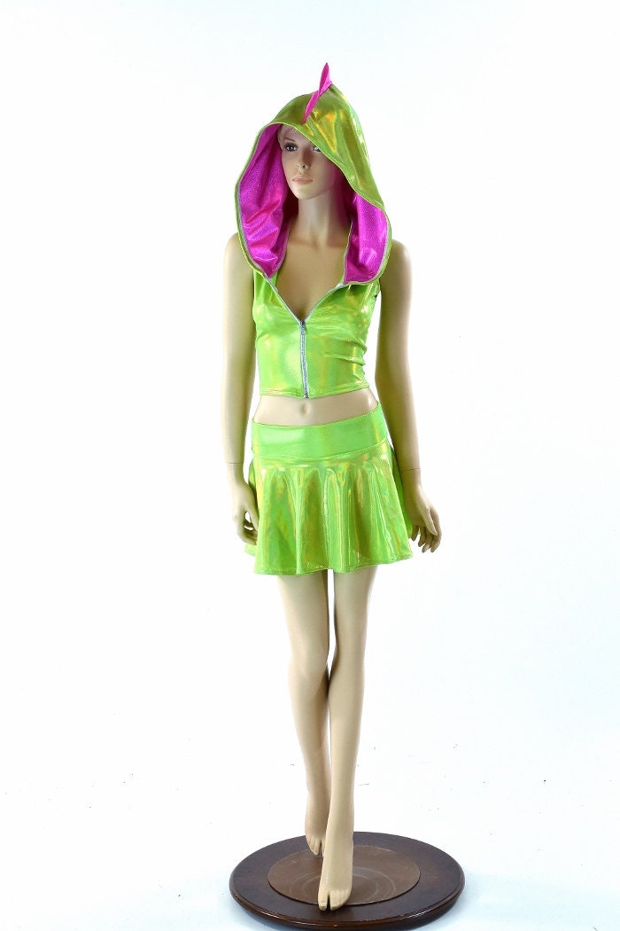 Neon Lime Holographic Sleeveless Zipper Front Crop & Rave Skirt Set with Pink Spikes & Hood Liner