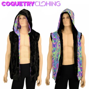 May include: A black faux fur hooded vest with a reversible psychedelic swirl print lining. The vest is sleeveless and has a long, open front.