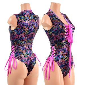 CyberSpace Sleeveless Romper with Plunging V Neckline and BRAZILIAN cut leg. Plumeria V trim, Neon Pink Laces at neck and both hips. 158064