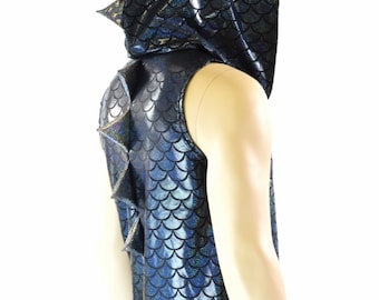 Mens Black Dragon Sleeveless Hoodie with Silver Holographic Spikes & Hoodliner Rave Festival Burning Man -151659