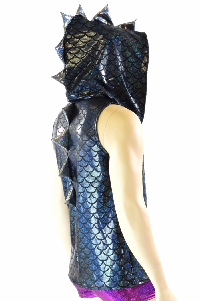 Mens Black Dragon Sleeveless Hoodie with Silver Holographic Spikes & Hoodliner -