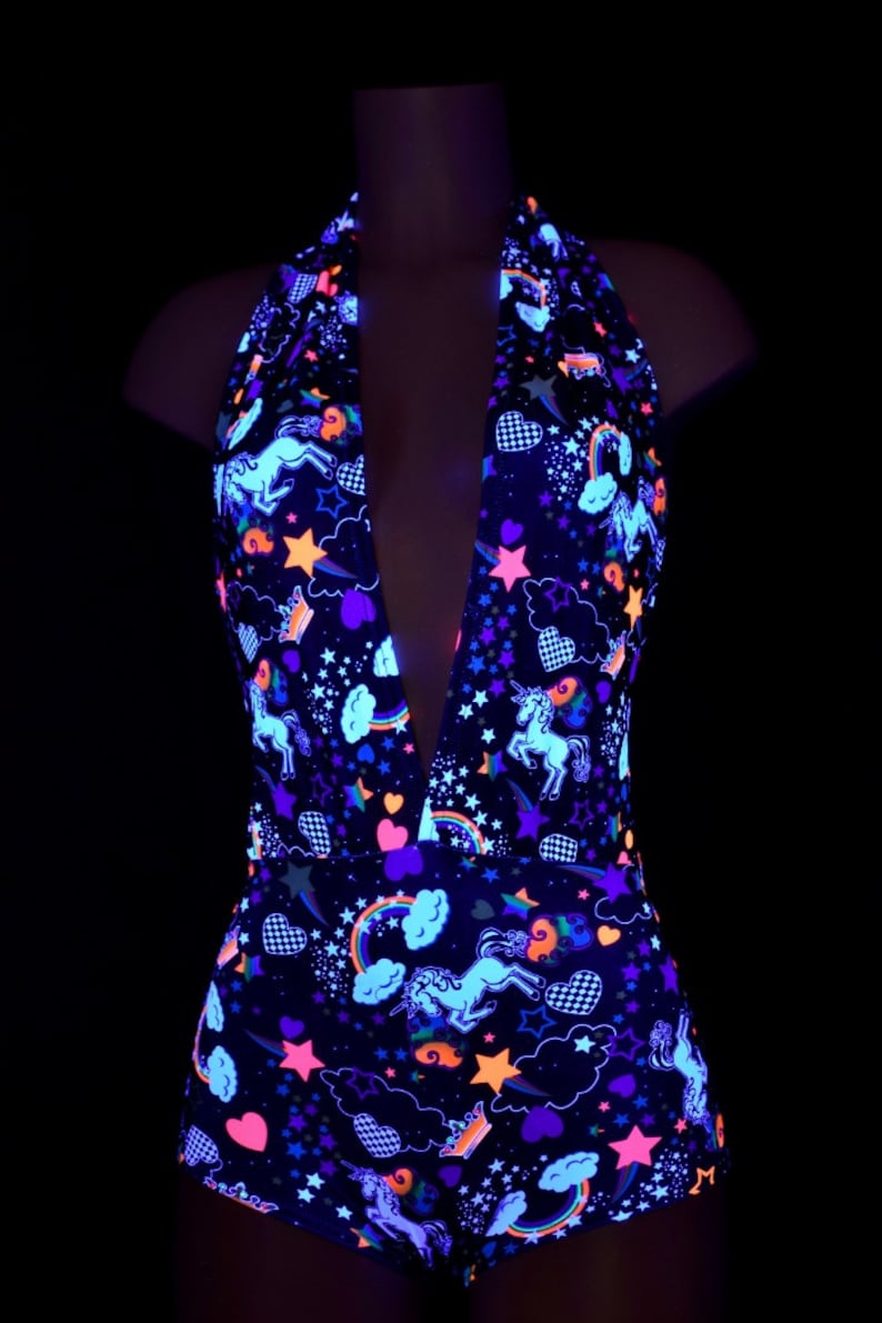 UV Glow Unicorns and Rainbows Josie Romper Backless Plunging Festival Rave Onsie Playsuit 154224 image 5