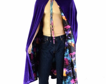 50" or 60" Long Full Length REVERSIBLE Purple Velvet & UV Glow Galaxy Hooded Cape Cloak 152394