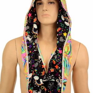 HUGE UV Glow Extra Long Neon Flux & Unicorn and Rainbows Black Light Reactive Cowl Hoodie Festival Rave Clubwear Hood Reversible - 156096
