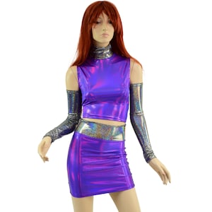 Grape Purple Holo Sleeveless Turtle Neck Crop Top & Bodycon Skirt Set w/ Silver Holographic Waistband and Turtleneck and Arm Warmers 158016