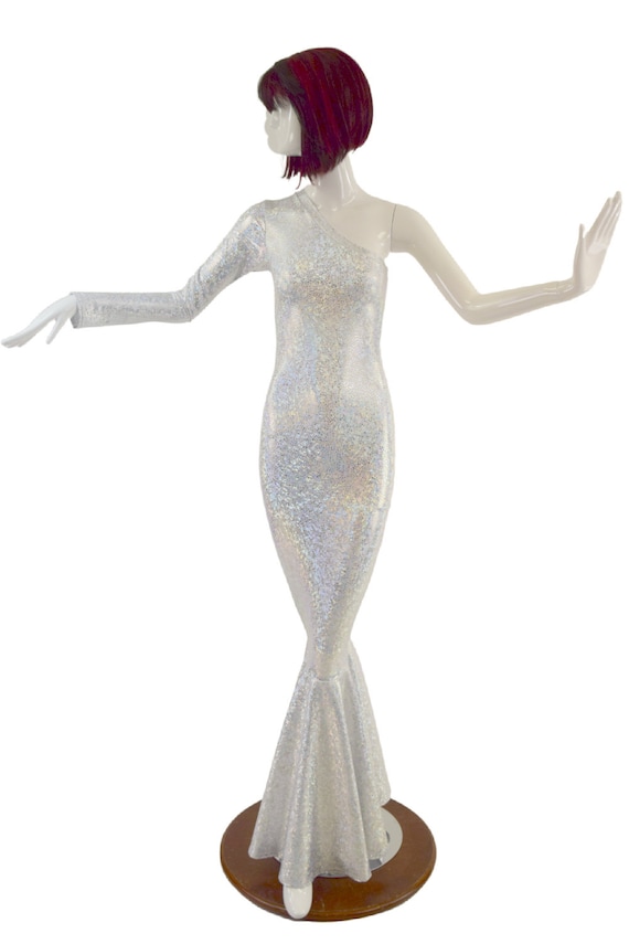 One Shoulder Wiggle Gown with Fishtail Hemline - Coquetry Clothing 2XL / Long Sleeve On Right Arm