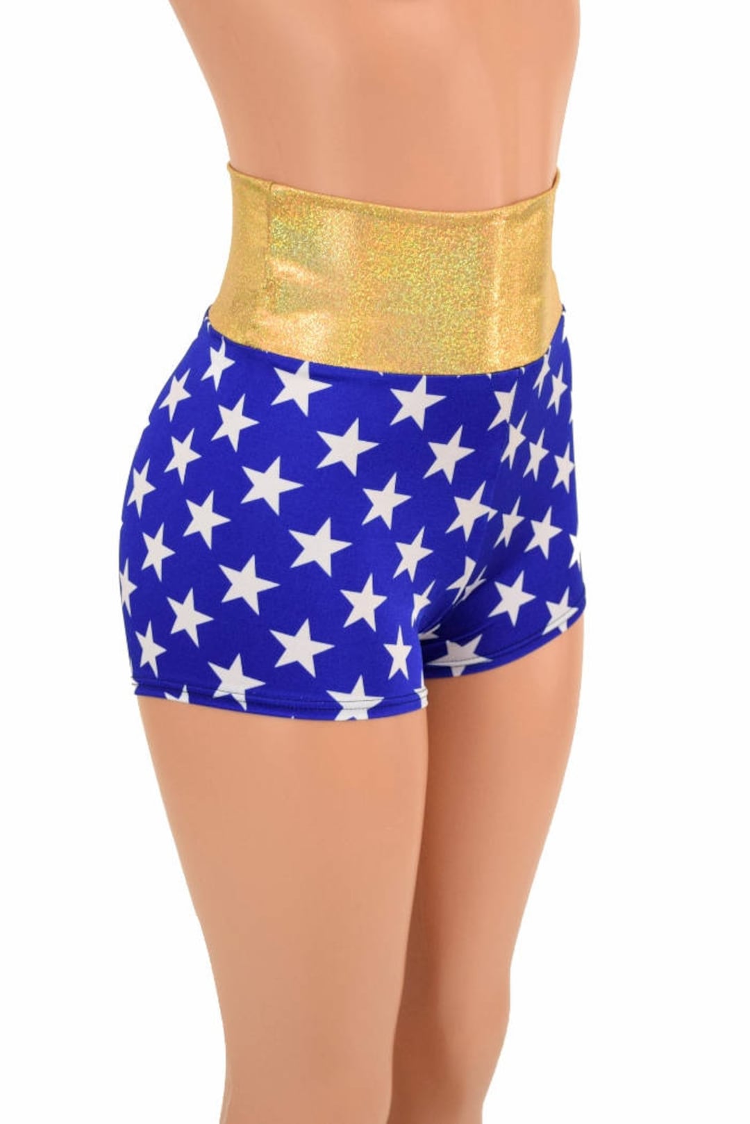 Blue and White Star Print High Waist Booty Shorts With Gold