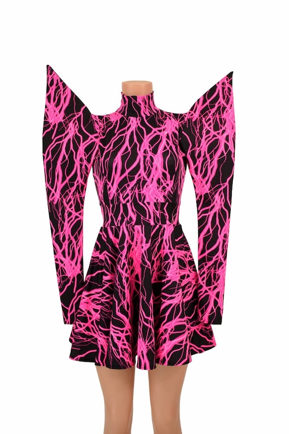 black and pink skater dress Mega Huge Sharp Shoulder UV GLOW Pink Lightning Print Turtle Neck Skater Dress -