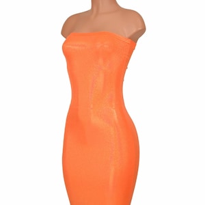 Neon Orange Sparkly Jewel Shiny Holographic Strapless Tube Dress  - 154969