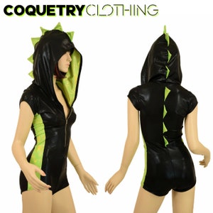 Black Mystique Zipper Front Cap Sleeve Dragon Hoodie Romper with Lime Holo Spikes, Hood Liner, and Side Panels, Boy Cut Leg -