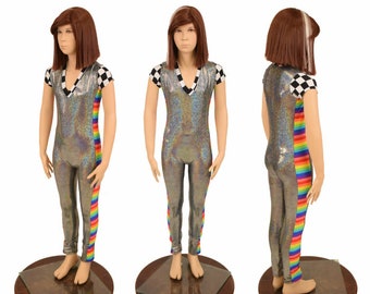 Kids Silver Holographic Catsuit w/ Rainbow Stripe Side Panels // Black & White Check Cap Sleeves and V Neck 156857