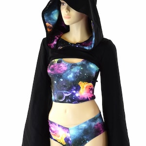 Hooded Bell Sleeve Bolero in Black Soft Knit with UV Glow Galaxy Hood Liner (Bolero Only) Rave Festival Cosplay 152254