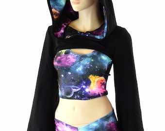 Hooded Bell Sleeve Bolero in Black Soft Knit with UV Glow Galaxy Hood Liner (Bolero Only) Rave Festival Cosplay 152254