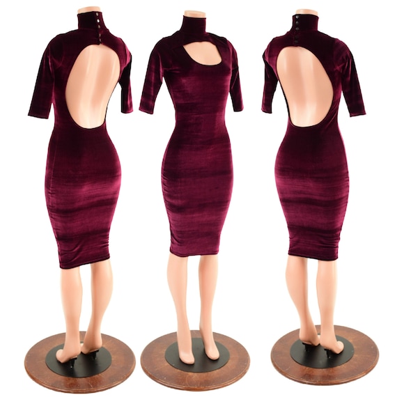 Burgundy Velvet Wiggle Dress With Half Sleeves, Window Neckline With Scoop /turtleneck, Backless With Snaps at Back of Neck - Etsy Burgundy Velvet Wiggle Dress With Half Sleeves, Window Neckline With Scoop /turtleneck, Backless With Snaps at Back of Neck - Etsy