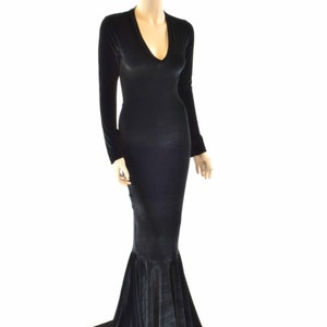 Black Velvet Morticia V-Neck Gown with Long Sleeves and Puddle Train 151555 image 3