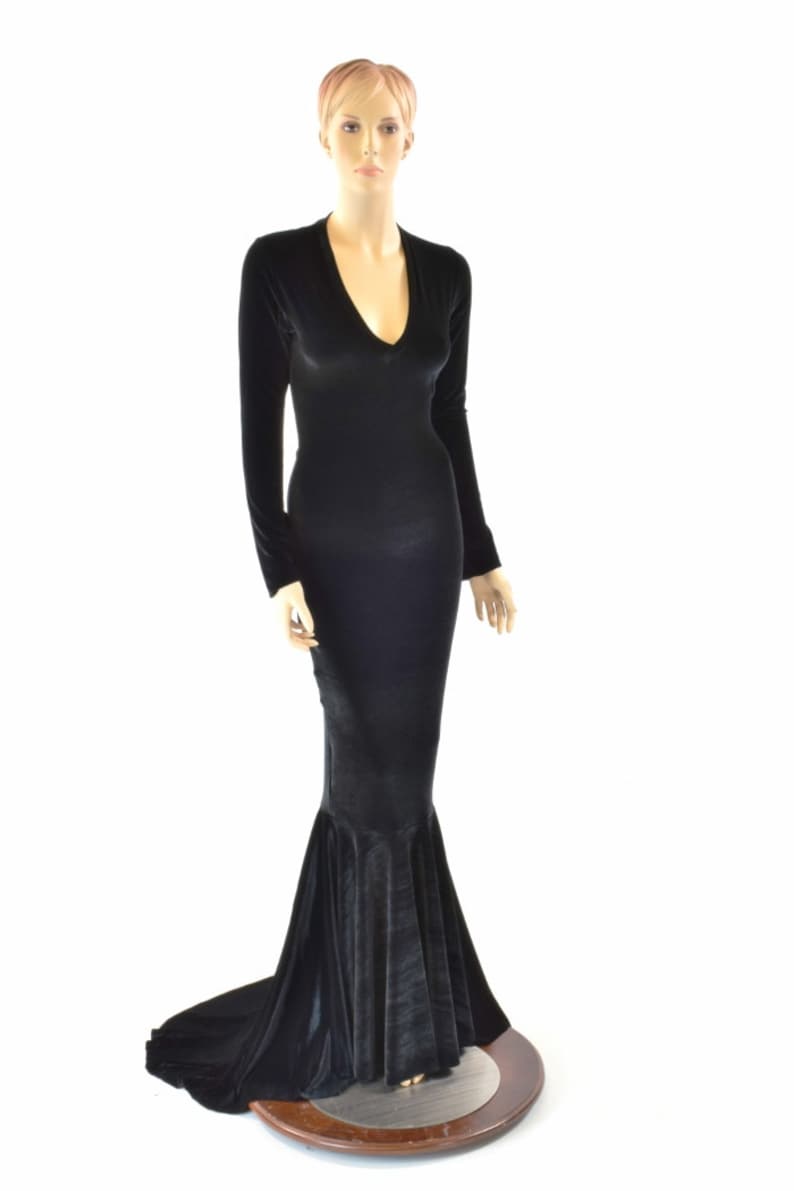 Black Velvet Morticia V-Neck Gown with Long Sleeves and Puddle Train 151555 image 3