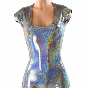 Silver Holographic Cap Sleeve Romper with Scoop Neckline and Boy Cut Leg 152192 image 5