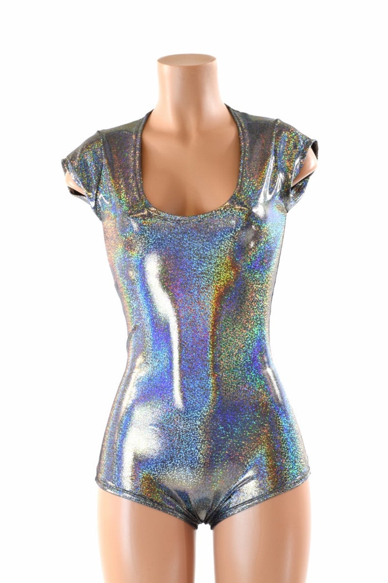 Silver Holographic Cap Sleeve Romper with Scoop Neckline and Boy Cut Leg 152192 image 5
