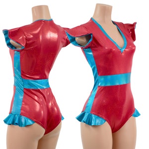 Red Sparkly Flip Sleeve &quot;Siren&quot; cut Romper // V Neck, Flip sleeve liner, side panels, waist panel, & leg ruffles in Peacock holo - 157827