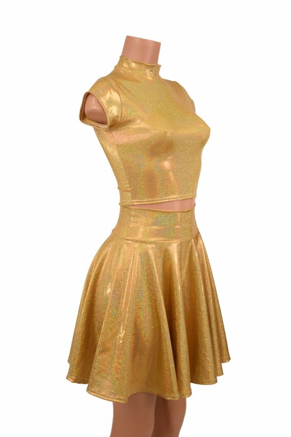gold two piece dress short Two-Piece Yellow Prom Dress: A-Line, V-Neck, Backless with Slit, Short  Homecoming main image 0