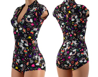Unicorns and Rainbows Zippered Cap Sleeve "Stella" Romper with Short Collar and Boy Cut Leg -