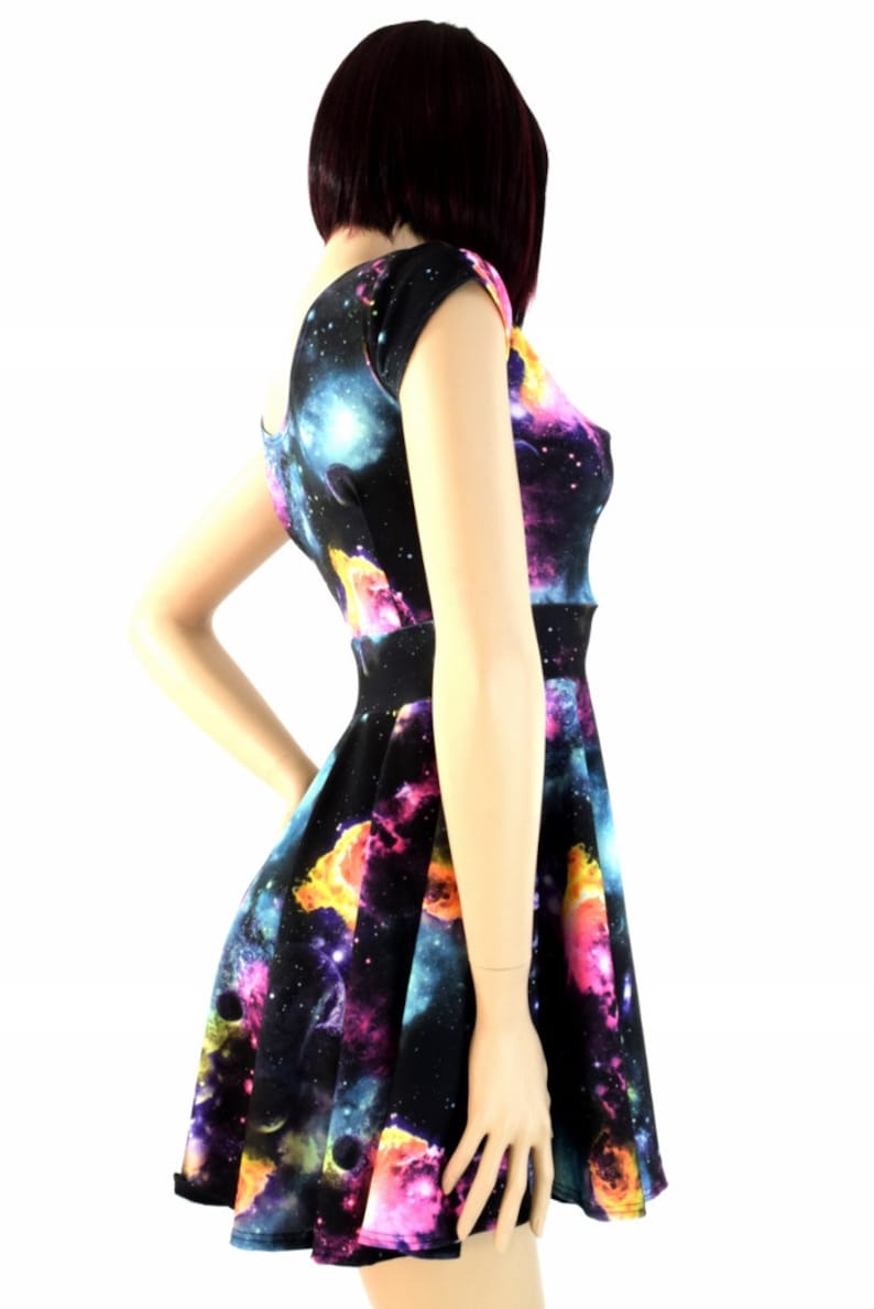 UV Glow Galaxy Print Cap Sleeve Fit and Flare Skater Skate Dress E7846 image 4