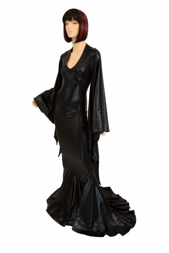 Succubus Sleeve Puddle Train Gown in Black Mystique Metallic