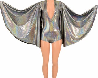 Silver Holographic Plunging V Neck Romper with Fan Sleeves and Boy Cut Leg - 155339